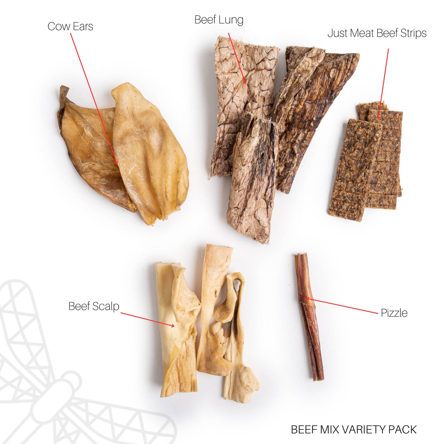 Variety of beef dog chews flat lay