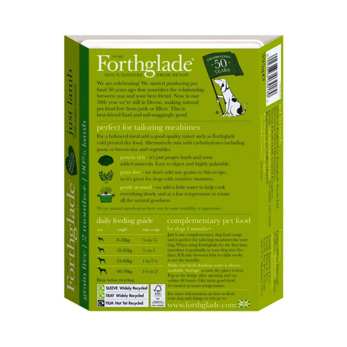 Forthglade Just Lamb feeding guide and ingredients.