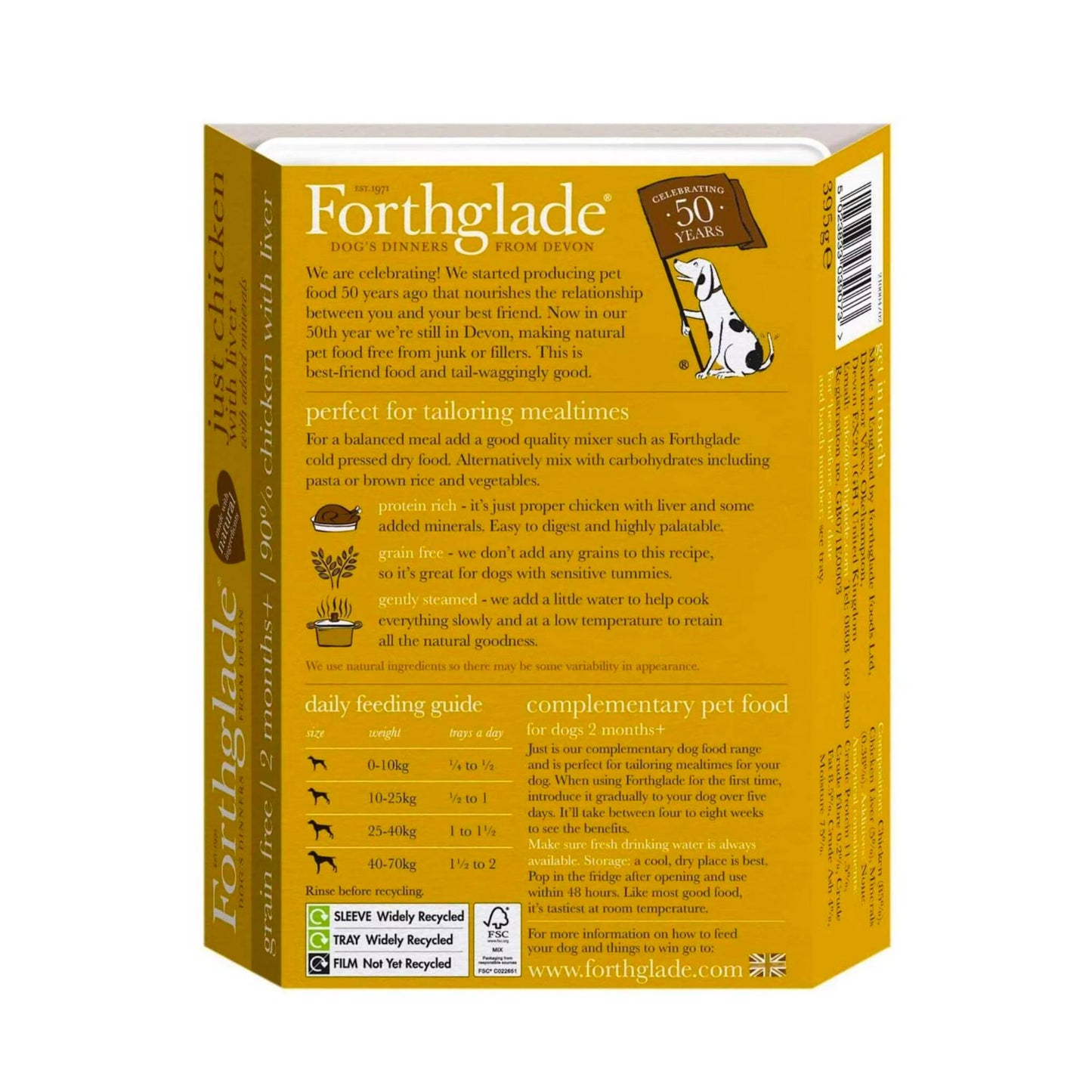 Forthglade Just Chicken with Liver feeding guide and ingredients.