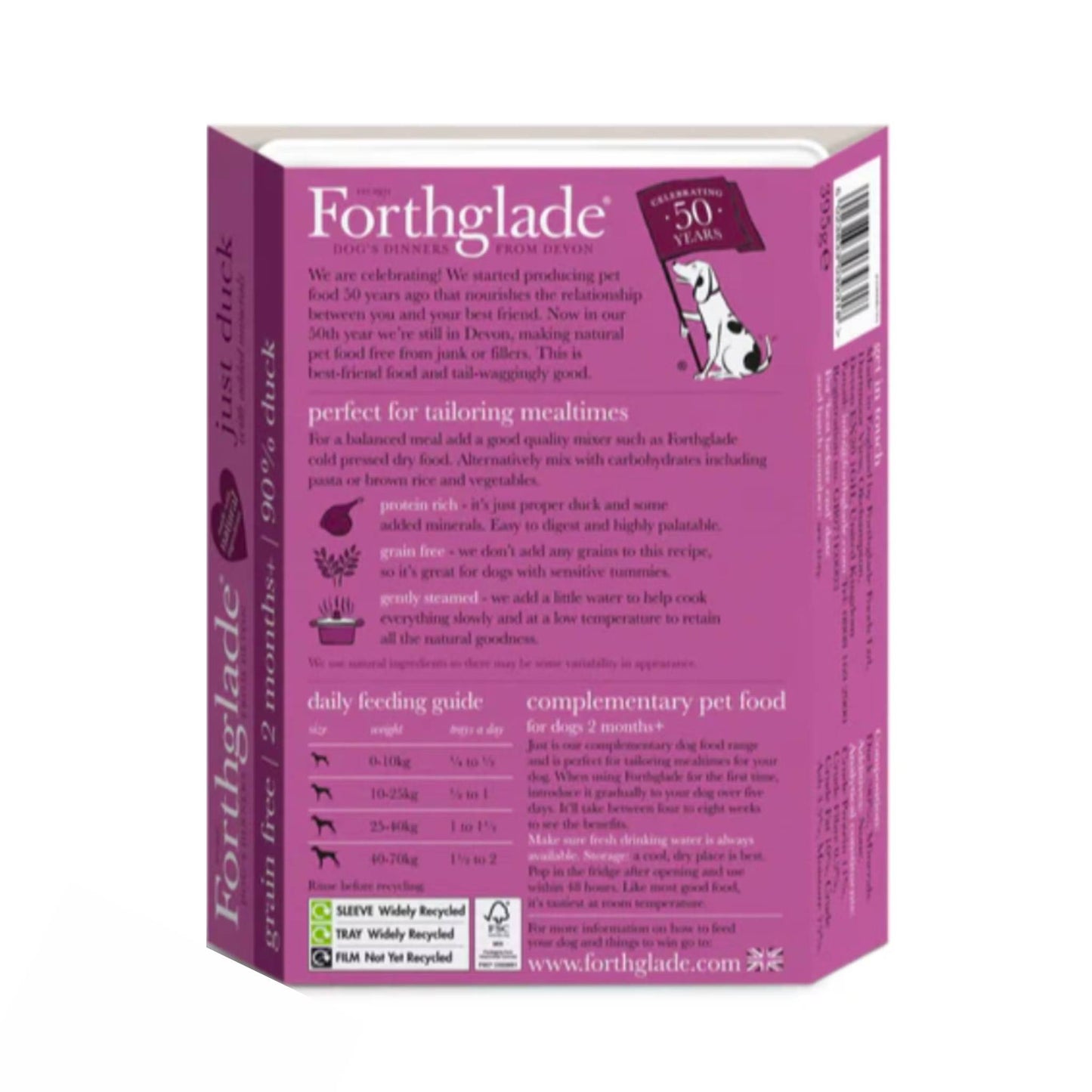 Forthglade Just Duck ingredients and feeding guide.