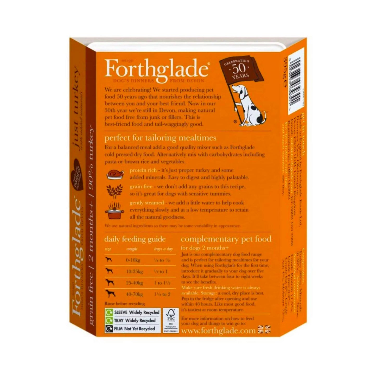 Forthglade Just Turkey feeding guide and ingredients.