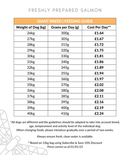 Freshly Prepared Salmon Large Breed Dog Food Feeding Guide 26-40kg