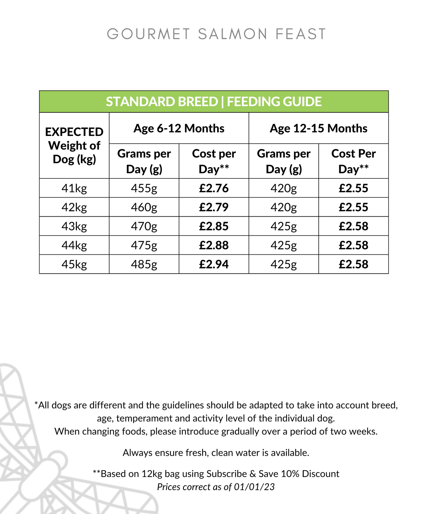 Gourmet Salmon Feast Puppy Food Feeding Guide 41-45kg up to 12 months