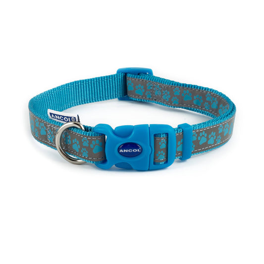 Blue and grey dog collar with paw prints on a white background