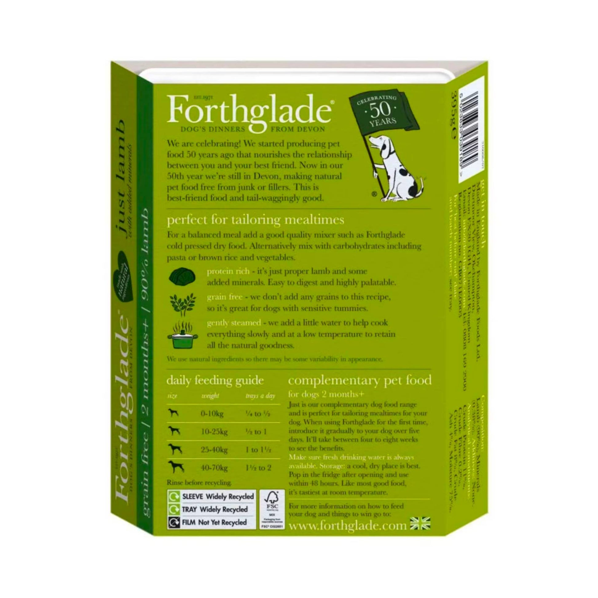 Forthglade Just Lamb feeding guide and ingredients. 