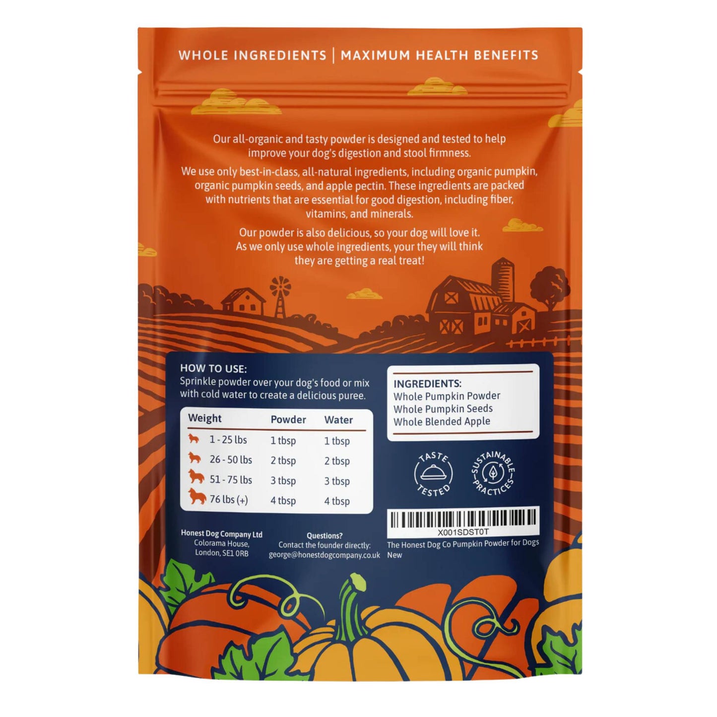 honest dog co pumpkin powder packet back