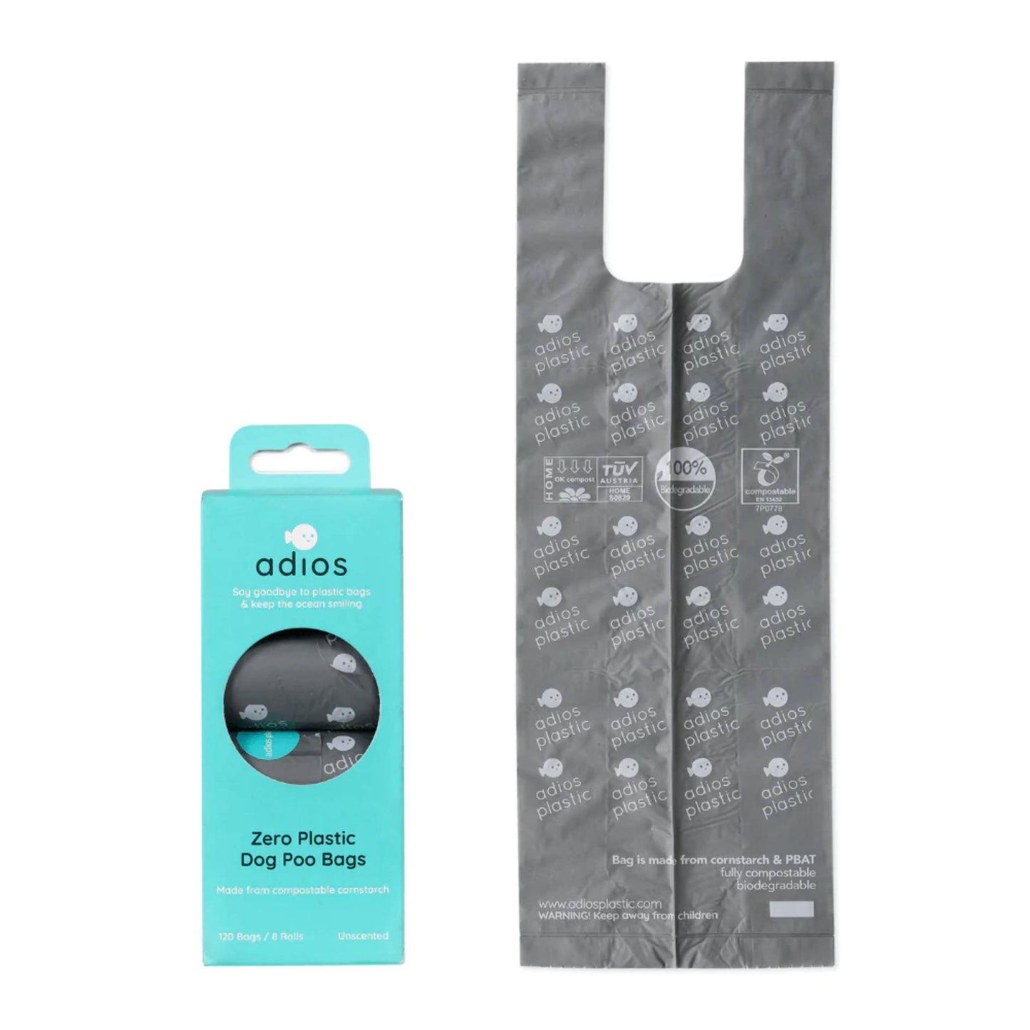 Adios Compostable 60 Grey Poo Bags with handle