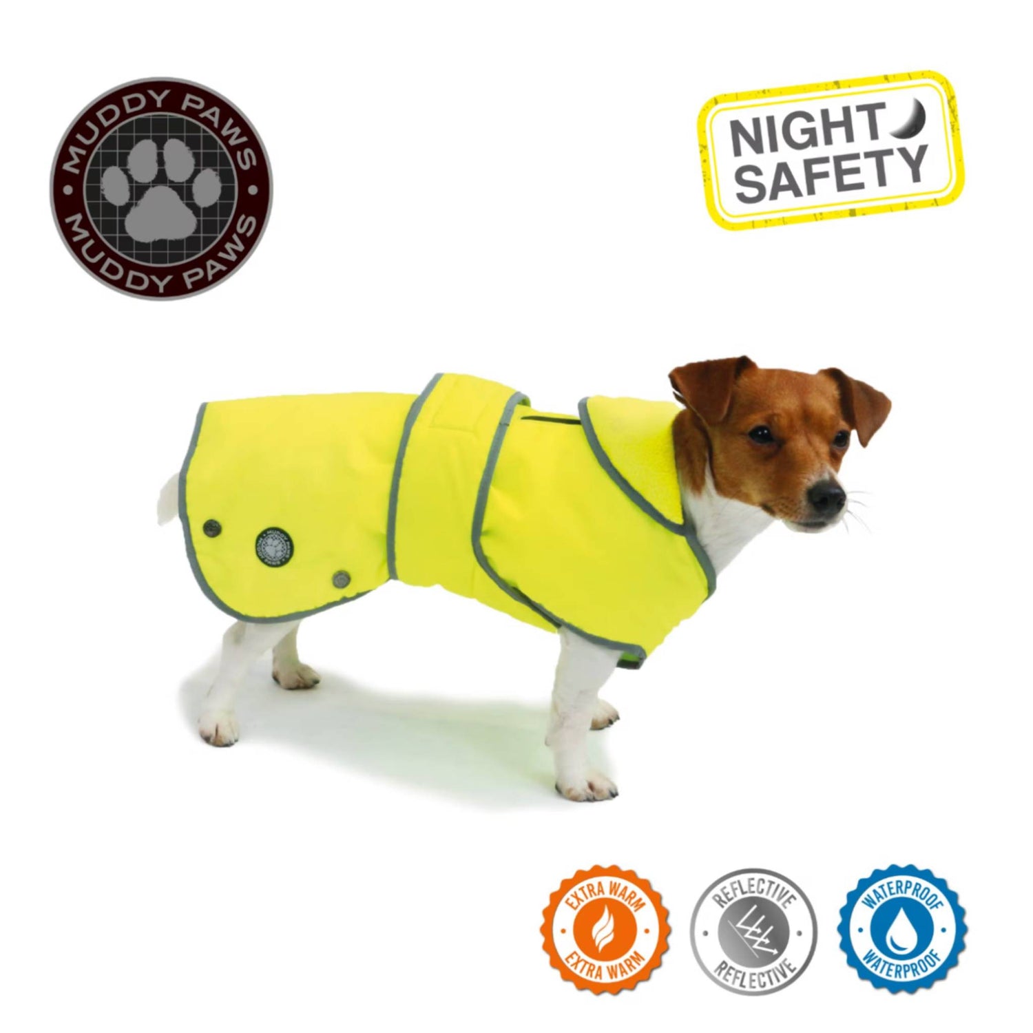 Florescent yellow warm, waterproof dog coat. 