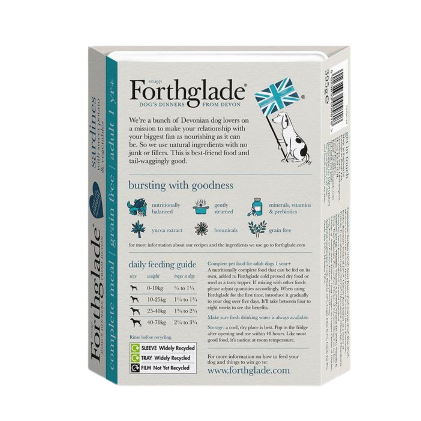Forthglade Sardines feeding guide and ingredients. 