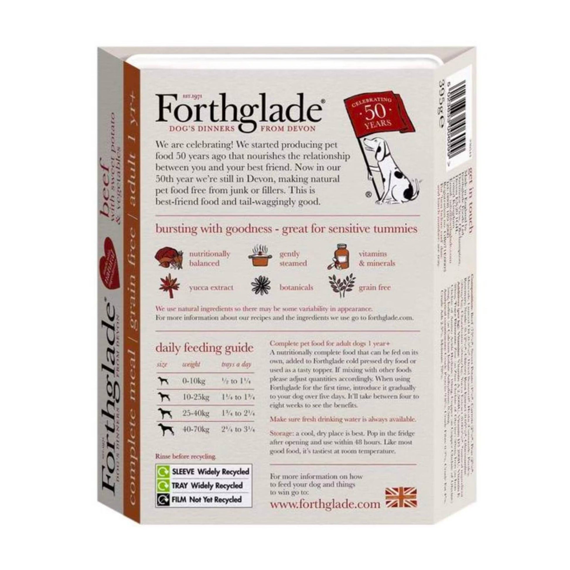 Forthglade complete beef adult dog food ingredients and feeding guide.