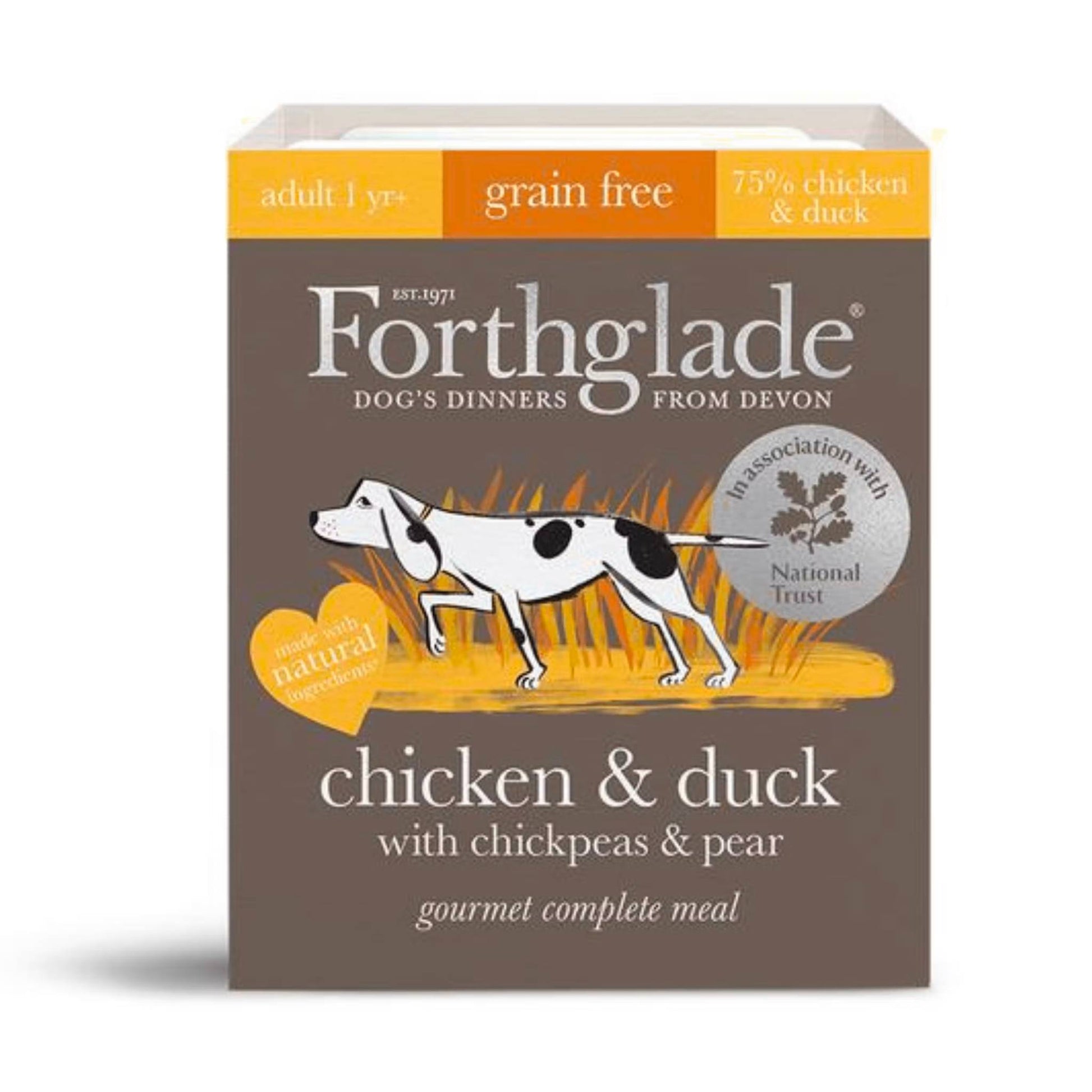 Forthglade Gourmet Chicken & Duck with chickpeas and pear. Grain Free. Complete adult dog food.