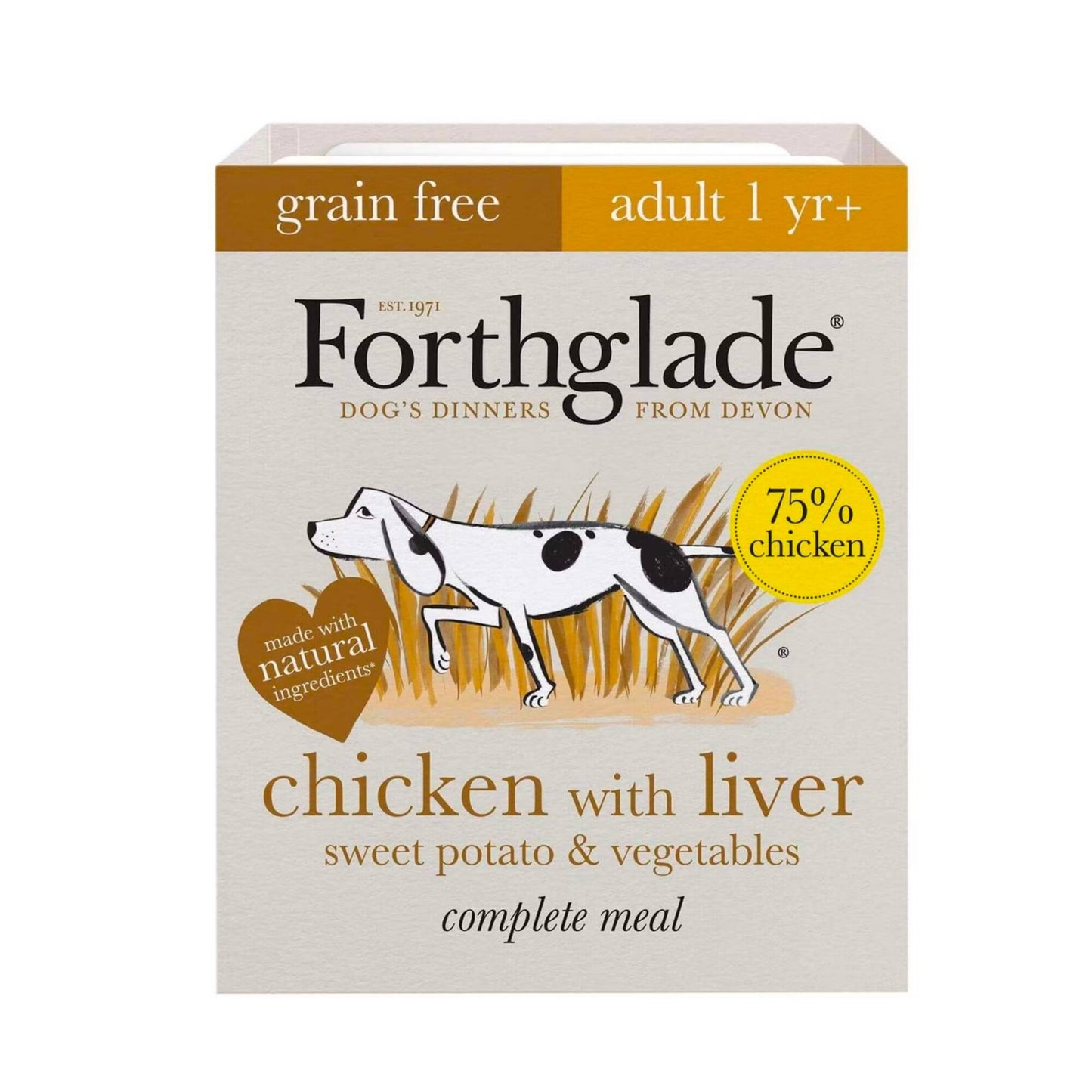 Forthglade Chicken with liver, sweet potato and veg. Grain Free. Complete adult dog food.