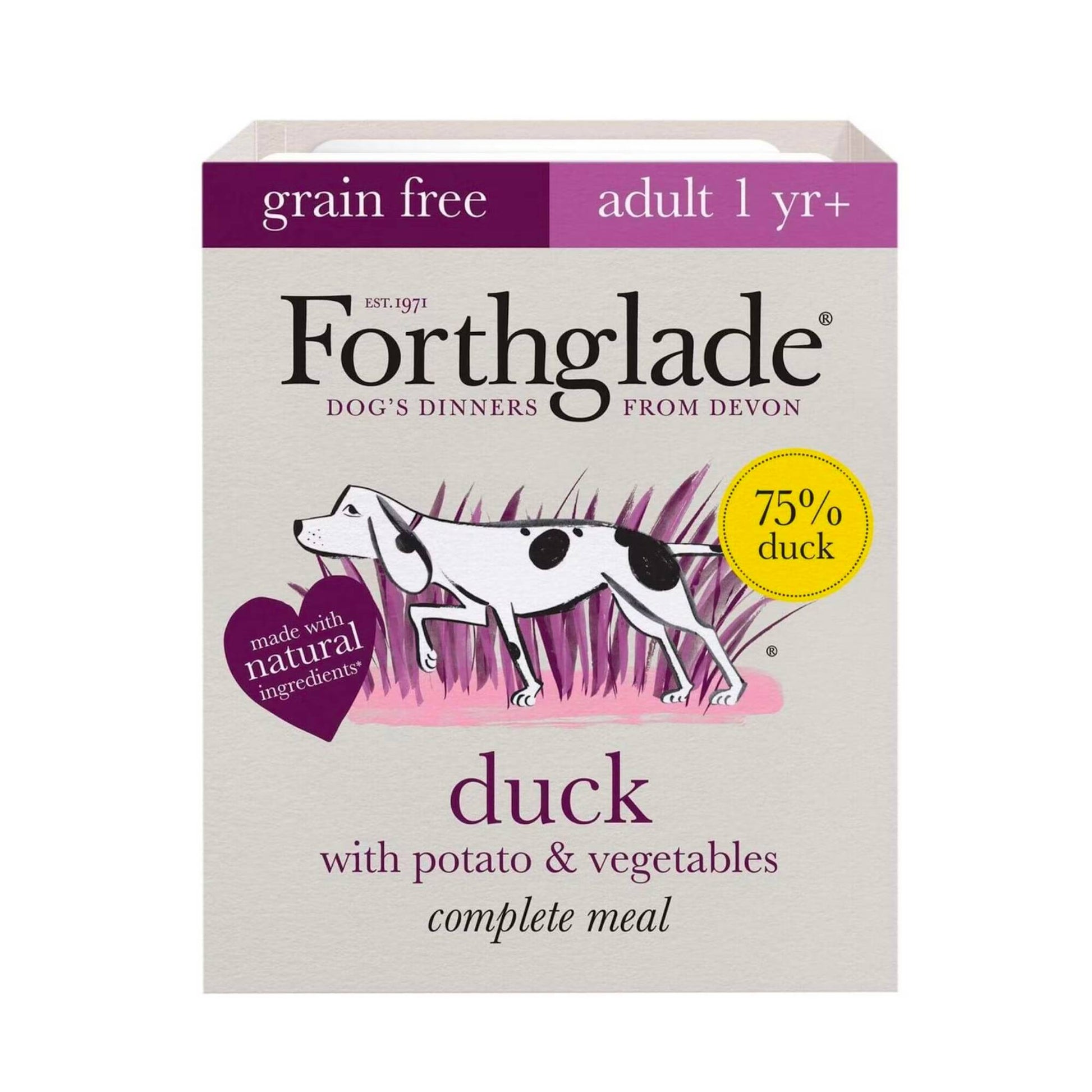 Forthglade Duck with potato and veg. Grain Free. Complete adult dog food.