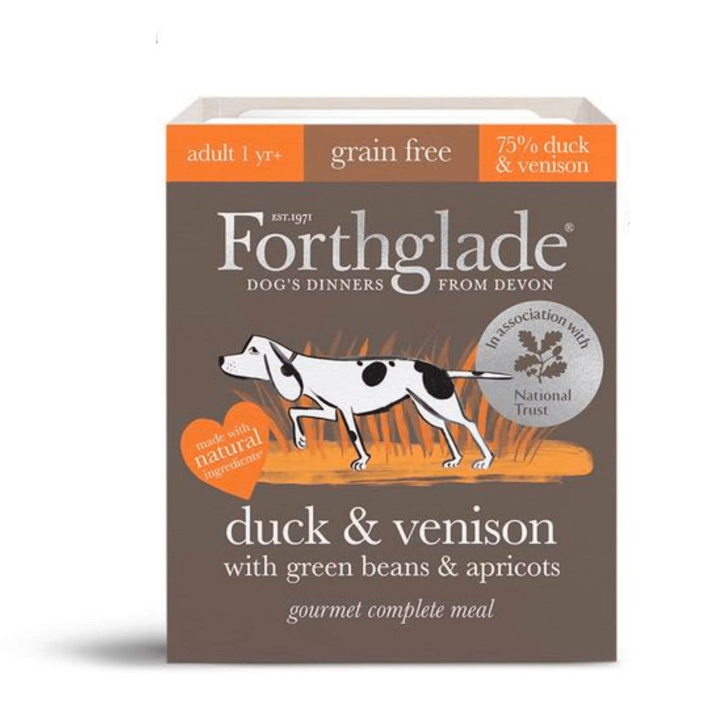 Forthglade Gourmet Duck & Venison with green beans & apricots. Grain Free. Complete adult dog food.