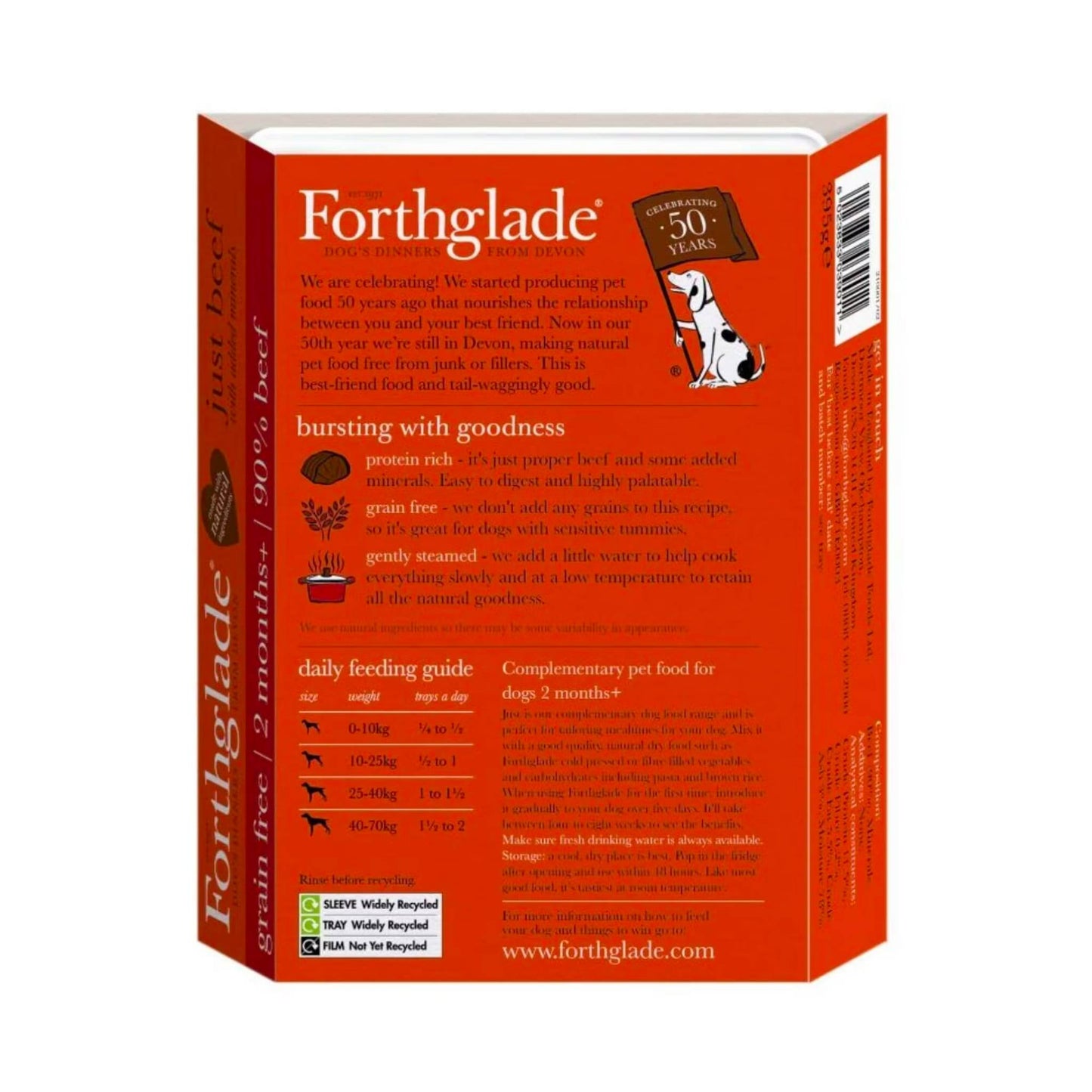 Forthglade Just Beef ingredients and feeding guide. 