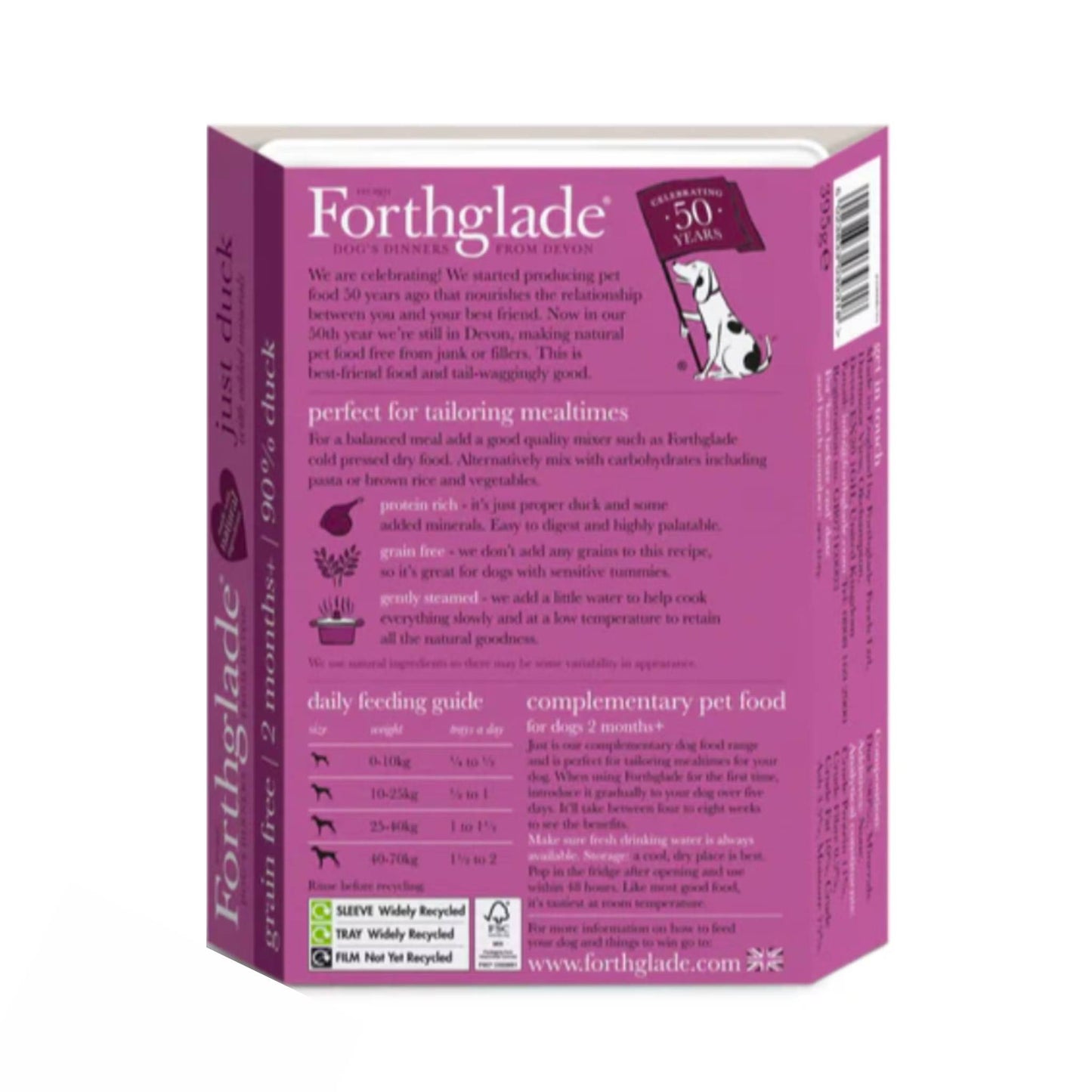 Forthglade Just Duck ingredients and feeding guide. 