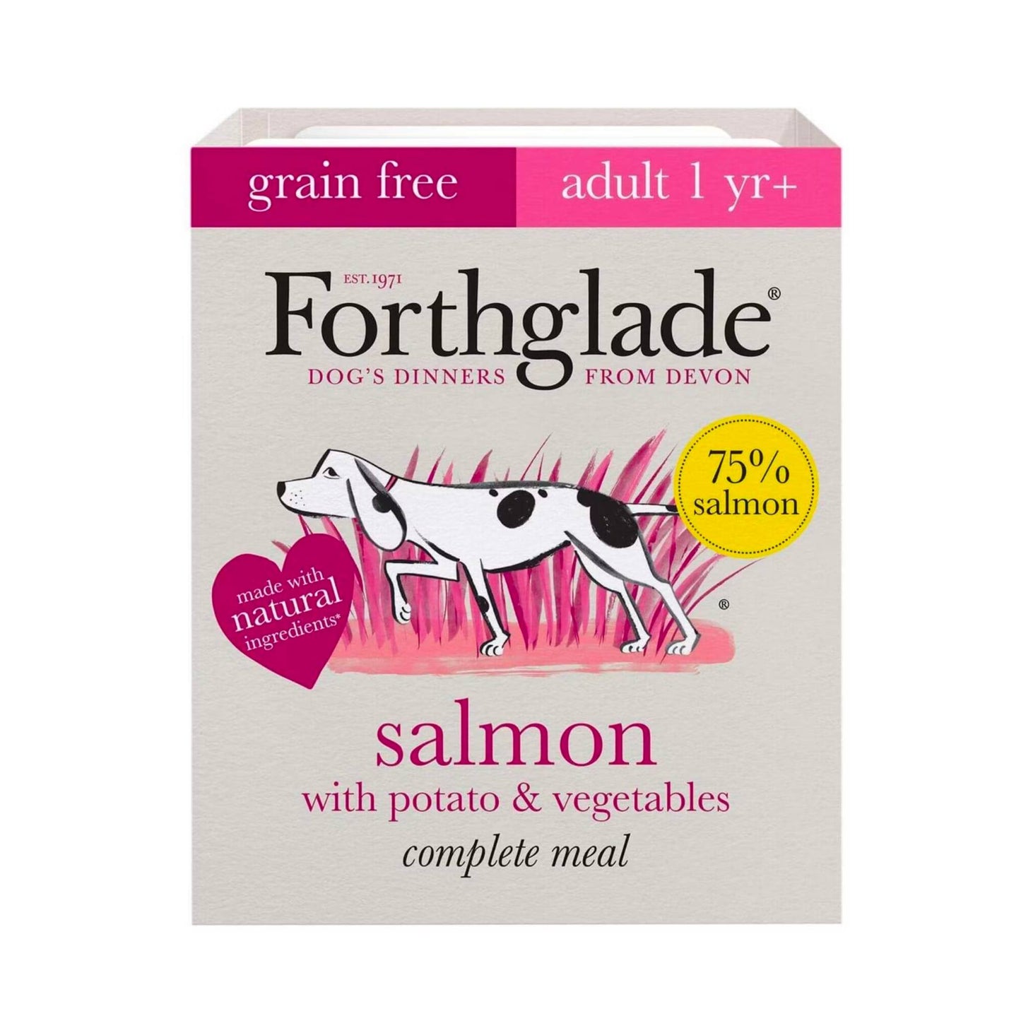 Forthglade Salmon with potato & vegetables, complete adult dog food, grain free. 