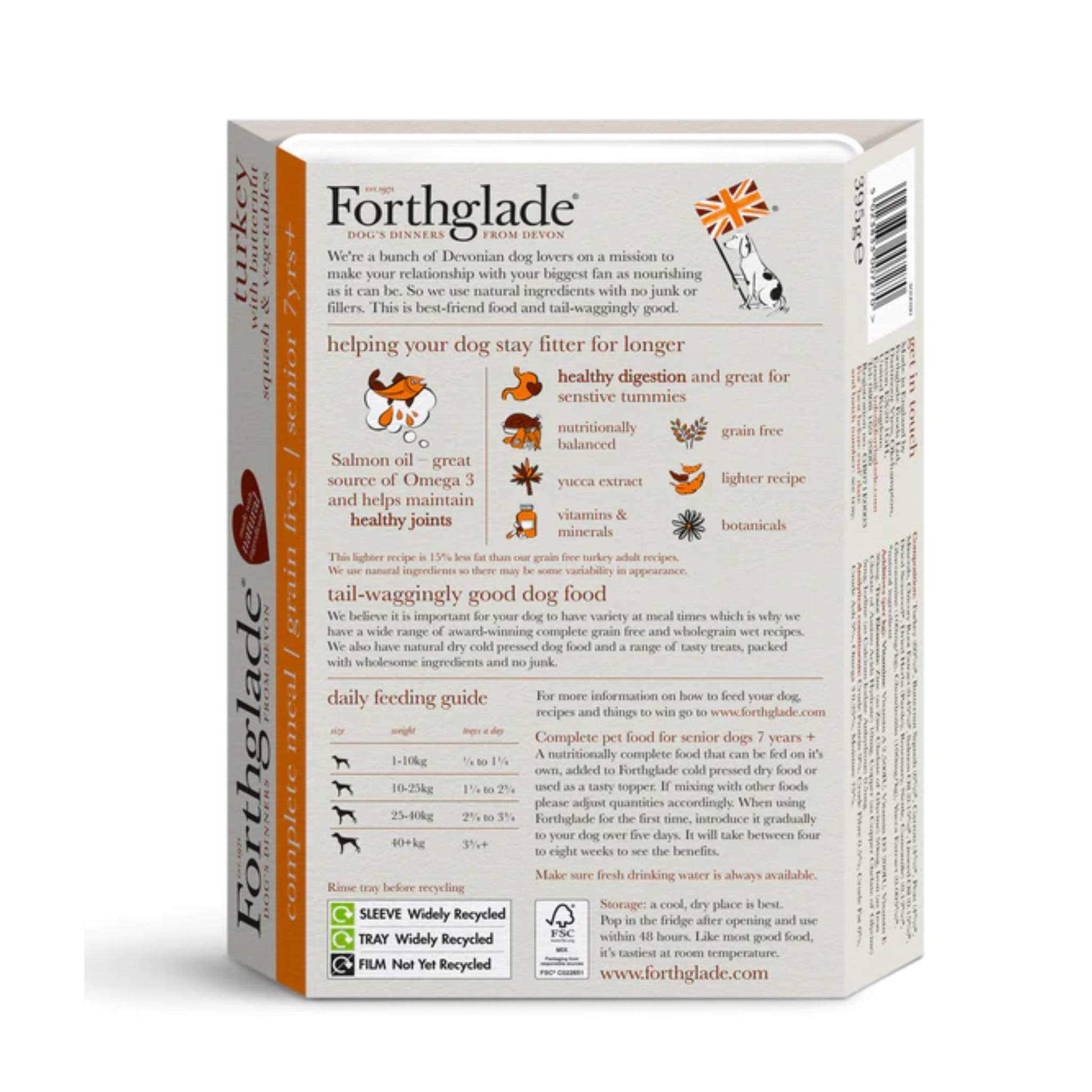Forthglade Senior Turkey ingredients and feeding guide. 