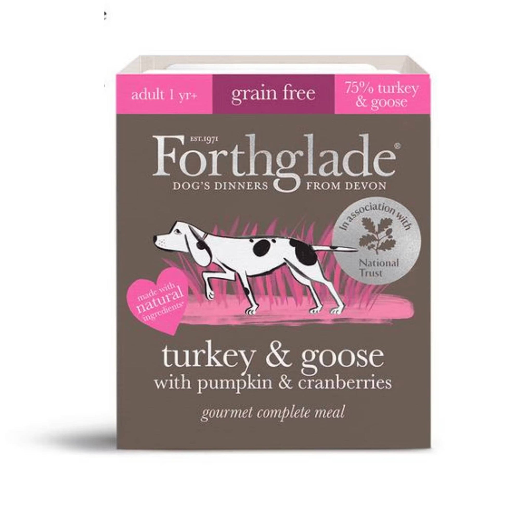 Forthglade Gourmet Turkey & Goose with pumpkin & cranberries. Grain Free. Complete adult dog food.