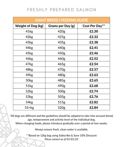 Freshly Prepared Salmon Large Breed Dog Food Feeding Guide 41-55kg