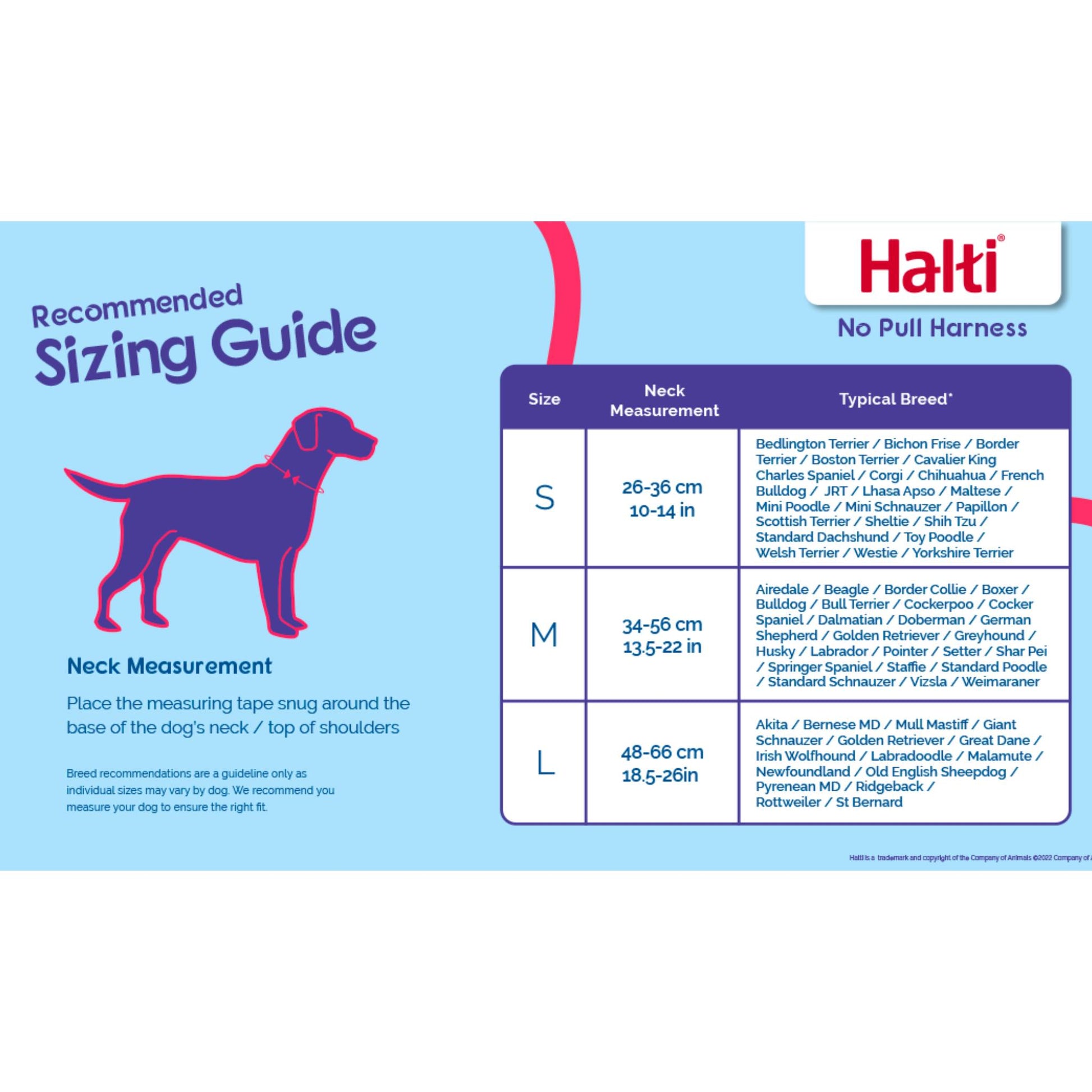 Sizing guide for Halti No Pull Harness