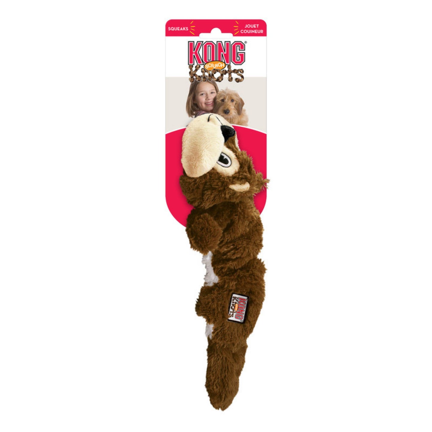 Kong scrunch knots squirrel dog toy in package